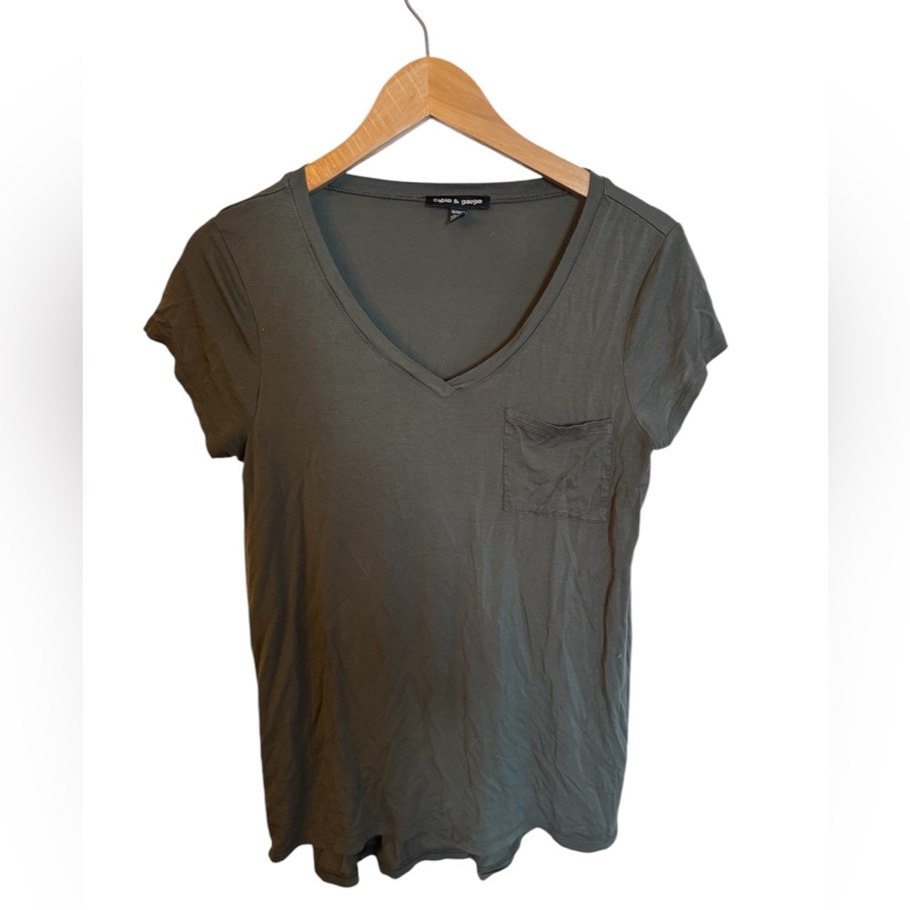 olive green V-neck pocket tee - casual women’s top